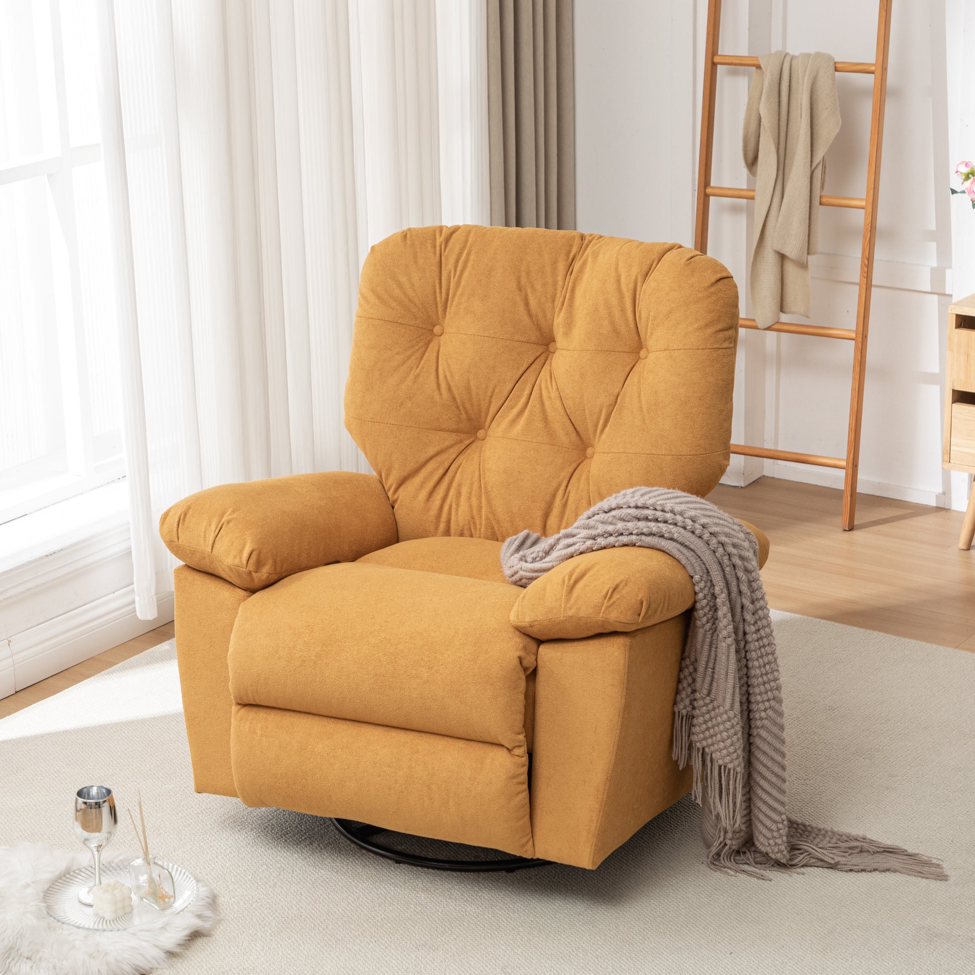 Yellow Relaxing Recliner Chair,Soft Artificial Fleece, Overstuffed, Swivel, Glider, Side Pocket Yellow Manual Push Button Wood Bedroom Medium Soft Tufted Back Heavy Duty Modern Push Button Oak