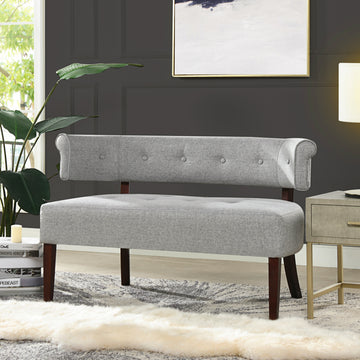 Jared Roll Arm Tufted Bench Settee, Light Grey Polyester Gray Foam Polyester