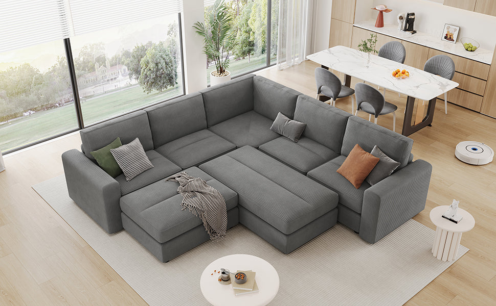 121.3" Sectional Couch Sofa Bed Modular Sofa With Two Movable Ottomans For Living Room Old Sku:N719S001640E , Gray Gray Foam Corduroy 7 Seat