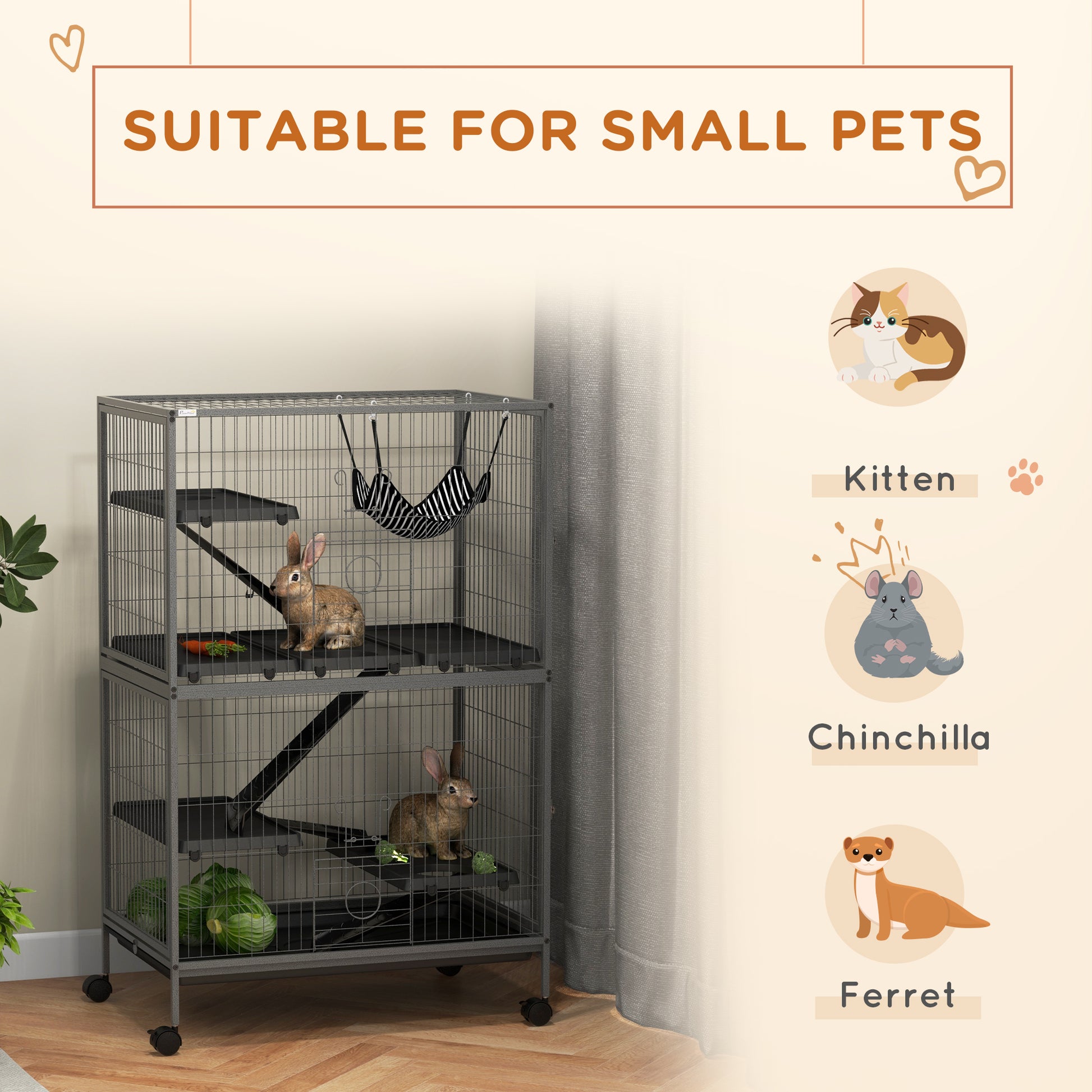 Pawhut 50" 5 Tier Small Animal Cage, Ferret Cage, Large Chinchilla Cage With Hammock Accessory & Heavy Duty Steel Wire, Small Animal Habitat With 4 Doors, Removable Tray, Gray Grey Steel