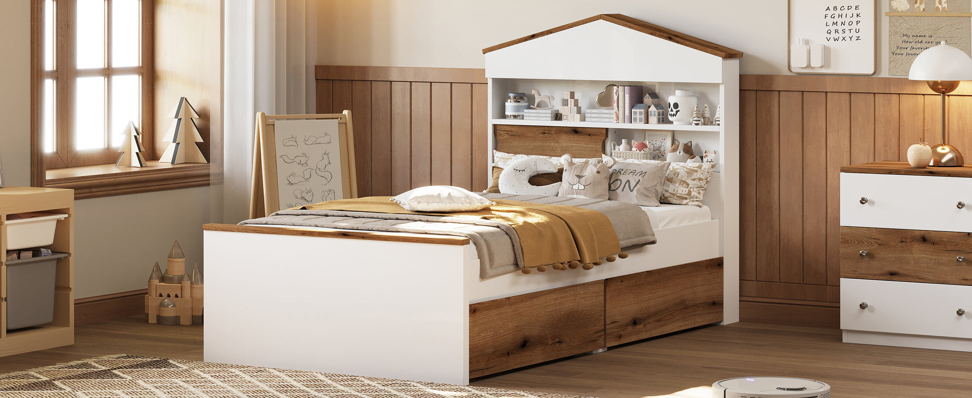 Twin Size House Shaped Wooden Bed With Storage Shelf On The Headboard, Built In Two Storage Drawers, Brown Brown White Wood