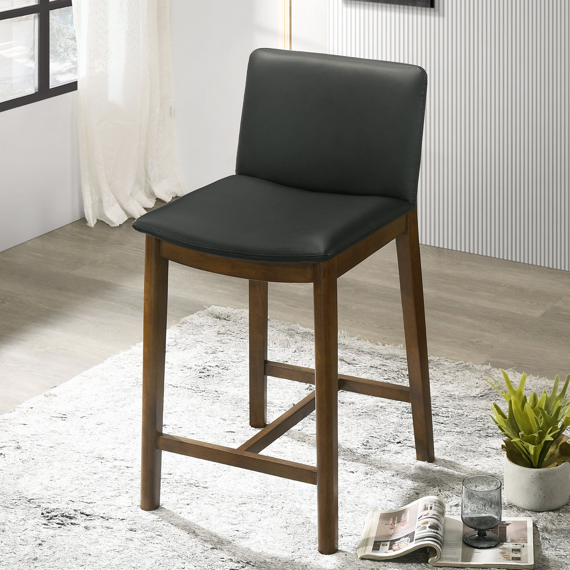 Shannon Counter Chair In Black Vegan Leather Solid Black,Brown Brown Dining Room Foam Wipe Clean Mid Century Modern Bar Stools Solid Back 1 Foam Pu Leather,Solid Wood