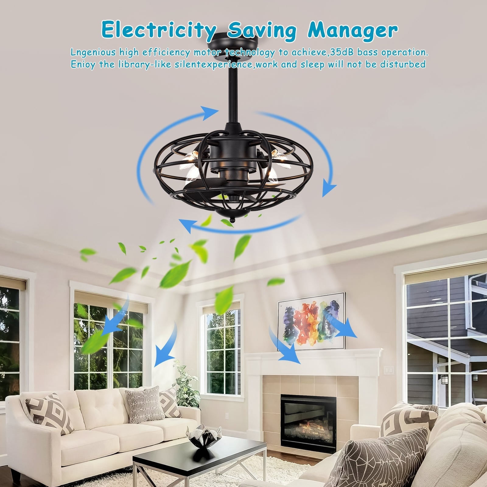 18.1" Caged Ceiling Fan With Remote Control,Timer, 3 Speeds Indoor Ceiling Fan For Farmhouse, Bedroom Living Room No Include Bulbs Matte Black American Design,Farmhouse,Modern,Traditional,Vintage Abs Metal