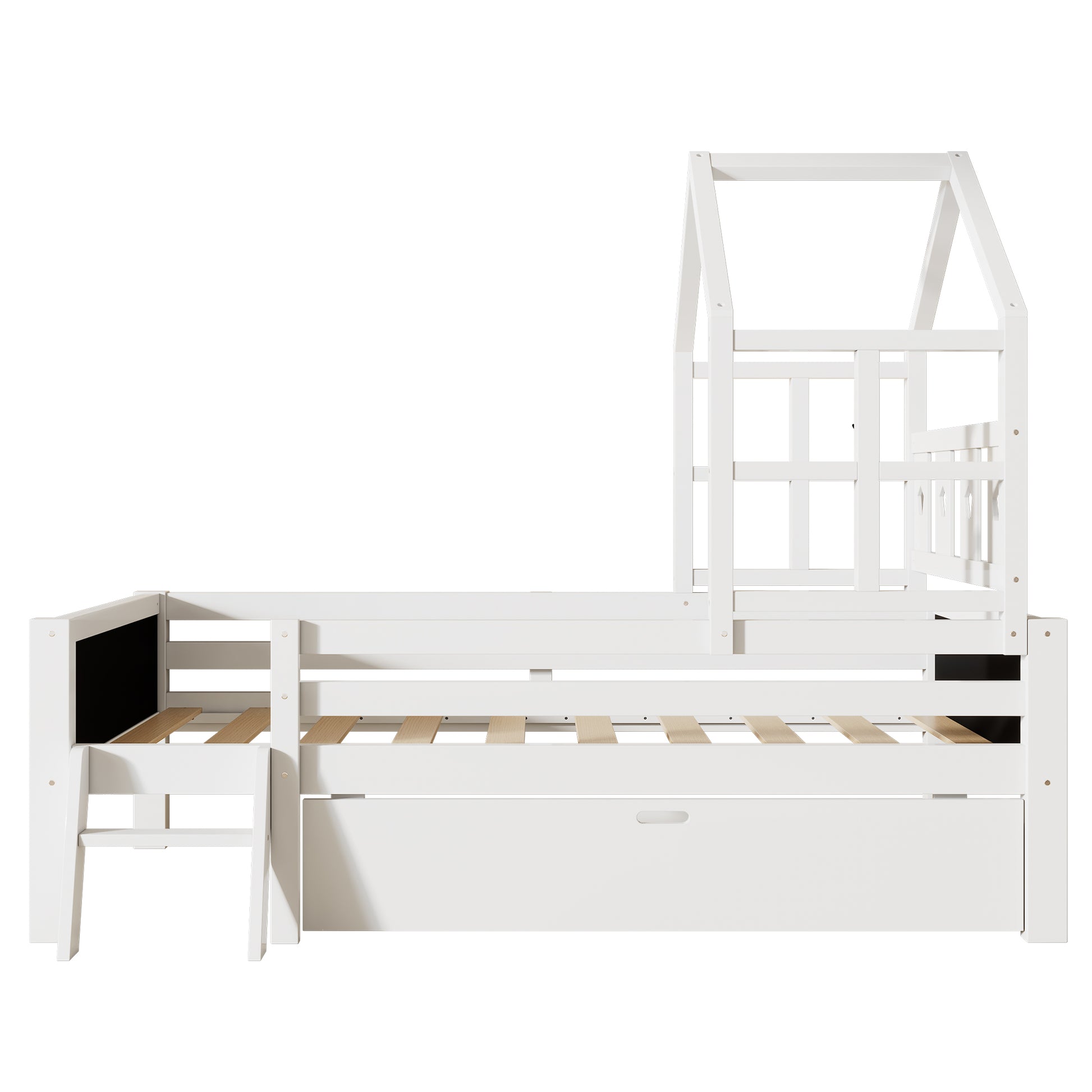 Full Size House Bed With Ladder And Storage Drawers For Kid Bedroom,Solid Wood Platfrom Bedframe With 2 Blackboard Design, No Box Spring Needed, White Full White Partice Board Mdf Pine Wood