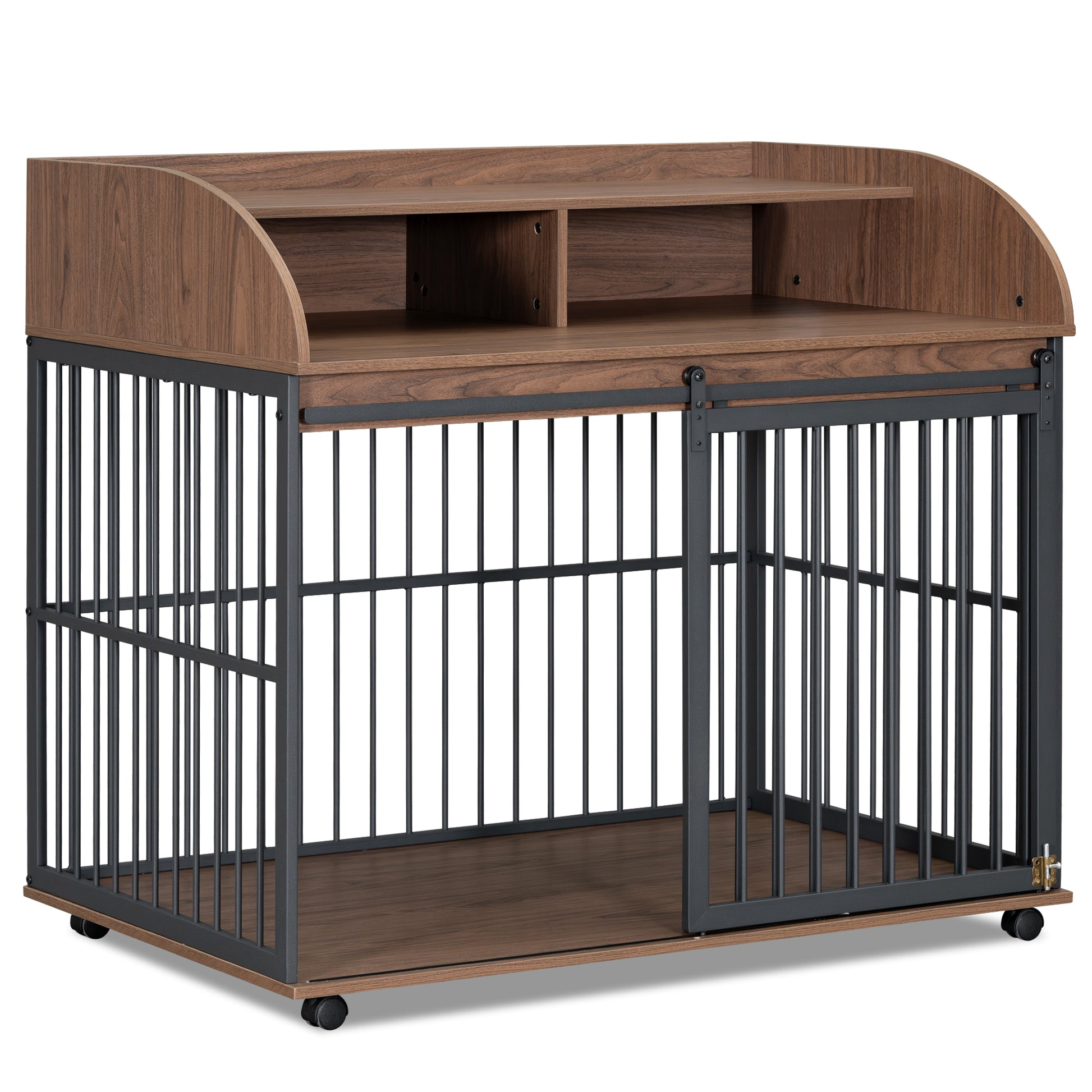 44'' Heavy Duty Large Dog Crate Furniture For Large Medium Dog With Lockable Wheels, Wooden Dog Crate Dog Kennel, End Table Crate With Double Layer Storage, Brown Brown Engineered Wood