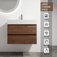 30" Wall Mounted Bathroom Vanity With Resin Sink, 2 Soft Close Drawers, Kd Package 2 Brown Oak Bathroom Wall Mounted Modern Plywood