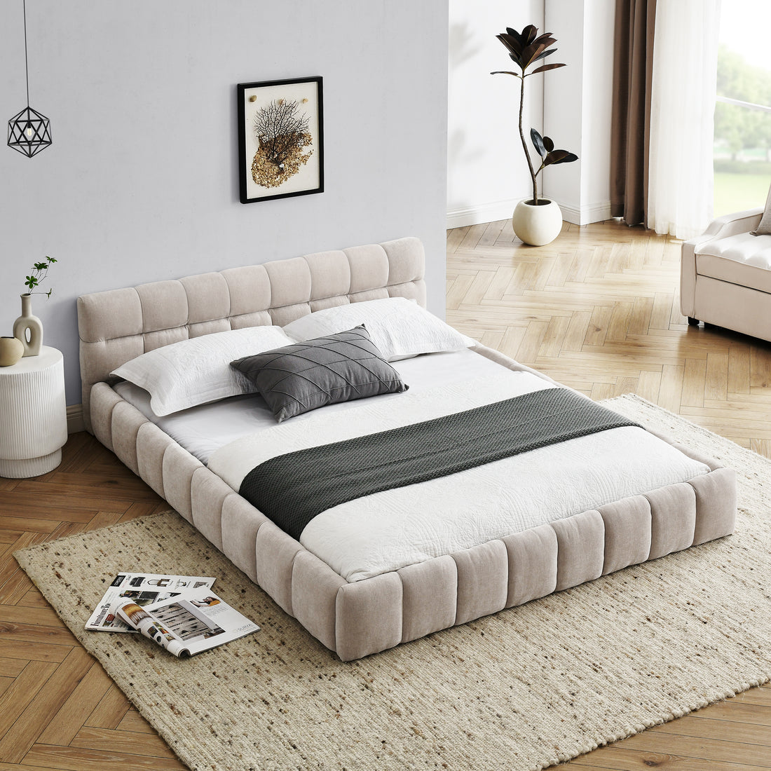 Queen Size Upholstered Bed Frame With Thick Fabric, Chenille Fabric Grounded Queen Size Platform Bed With Headboard And Solid Frame. No Box Spring Needed, Beige 68''*86.5''*23.5'' Box Spring Not