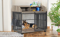 44'' Heavy Duty Large Dog Crate Furniture For Large Medium Dog With Lockable Wheels, Wooden Dog Crate Dog Kennel, End Table Crate With Double Layer Storage, Gray Gray Dog Engineered Wood