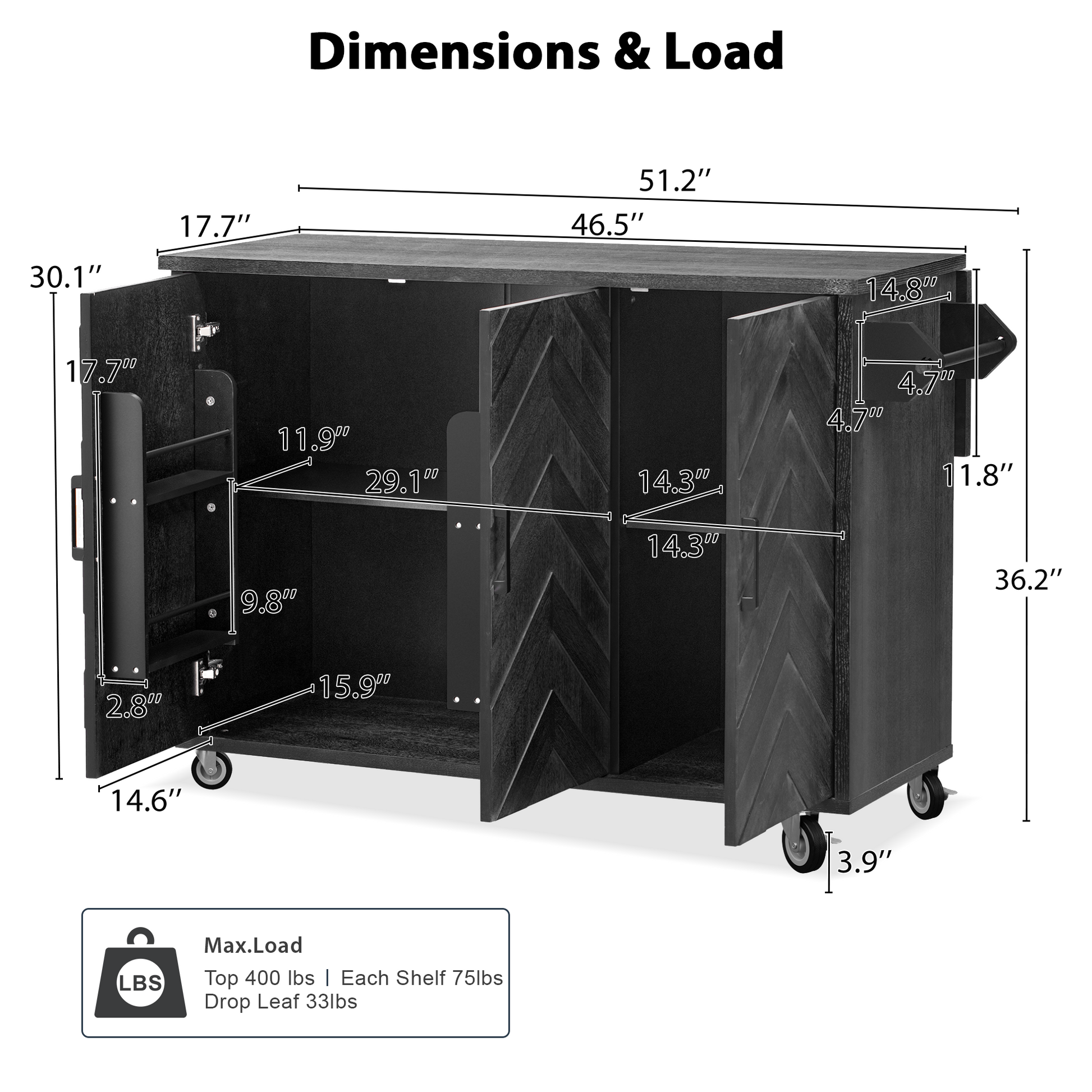 K&K 51.2"W 3D Wave Stripes Ash Veneer Not Cheap Paper Kitchen Island With Drop Leaf, Farmhouse Kitchen Island On Wheels With Internal Storage Rack, Rolling Kitchen Cart Black Black Brown Kitchen