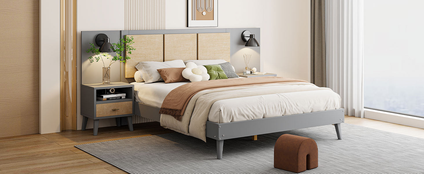 Queen Size Solid Wood Bed Frame With 2 Nightstands, Elegant Design With Lamps, Rattan And Wood Combination,Gray Queen Gray Wood