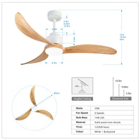 52" Ceiling Fan With Dimmable Led Light Remote Control,Quiet Dc Motor 6 Speed Levels,Adjust Height 3 Pcs Rod Reversible Ceiling Fan, For Patio Living Room, Bedroom, Office,Indoor. White Natural White Farmhouse,Industrial Iron Wood