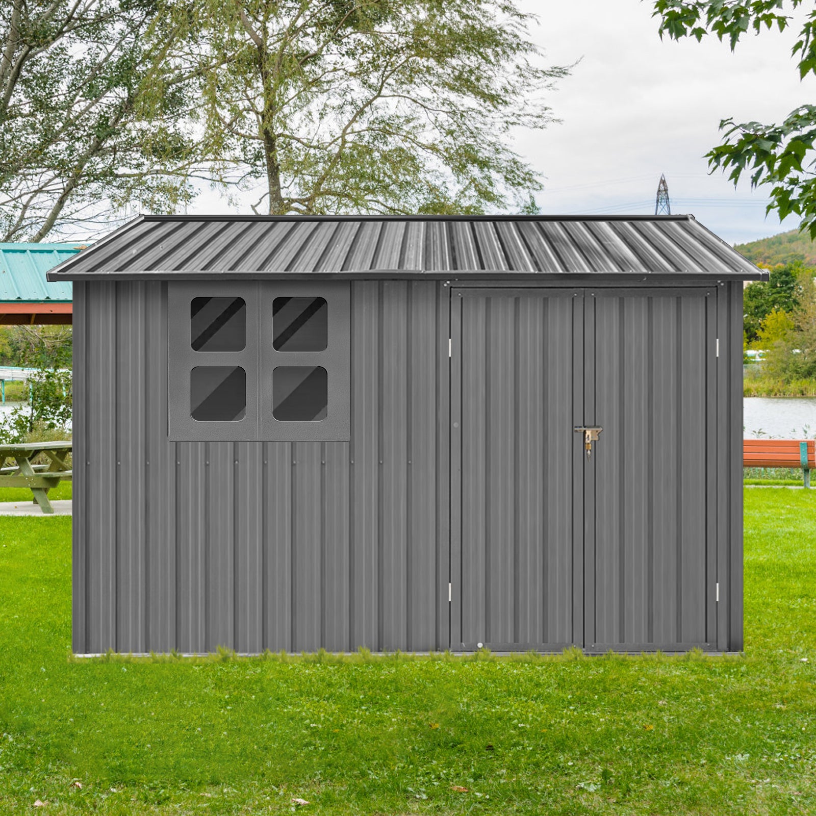 Metal Garden Sheds 6Ftx8Ft Outdoor Grey With Window Grey Metal