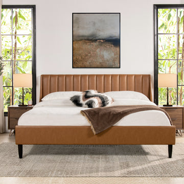 Aspen Vertical Tufted Headboard Platform Bed Set, King, Caramel Tan Brown Faux Leather Box Spring Not Required King Tan Brown Wood Foam Faux Leather Faux Leather