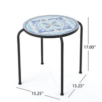 Skye End Table White Blue Ceramic Tile Iron