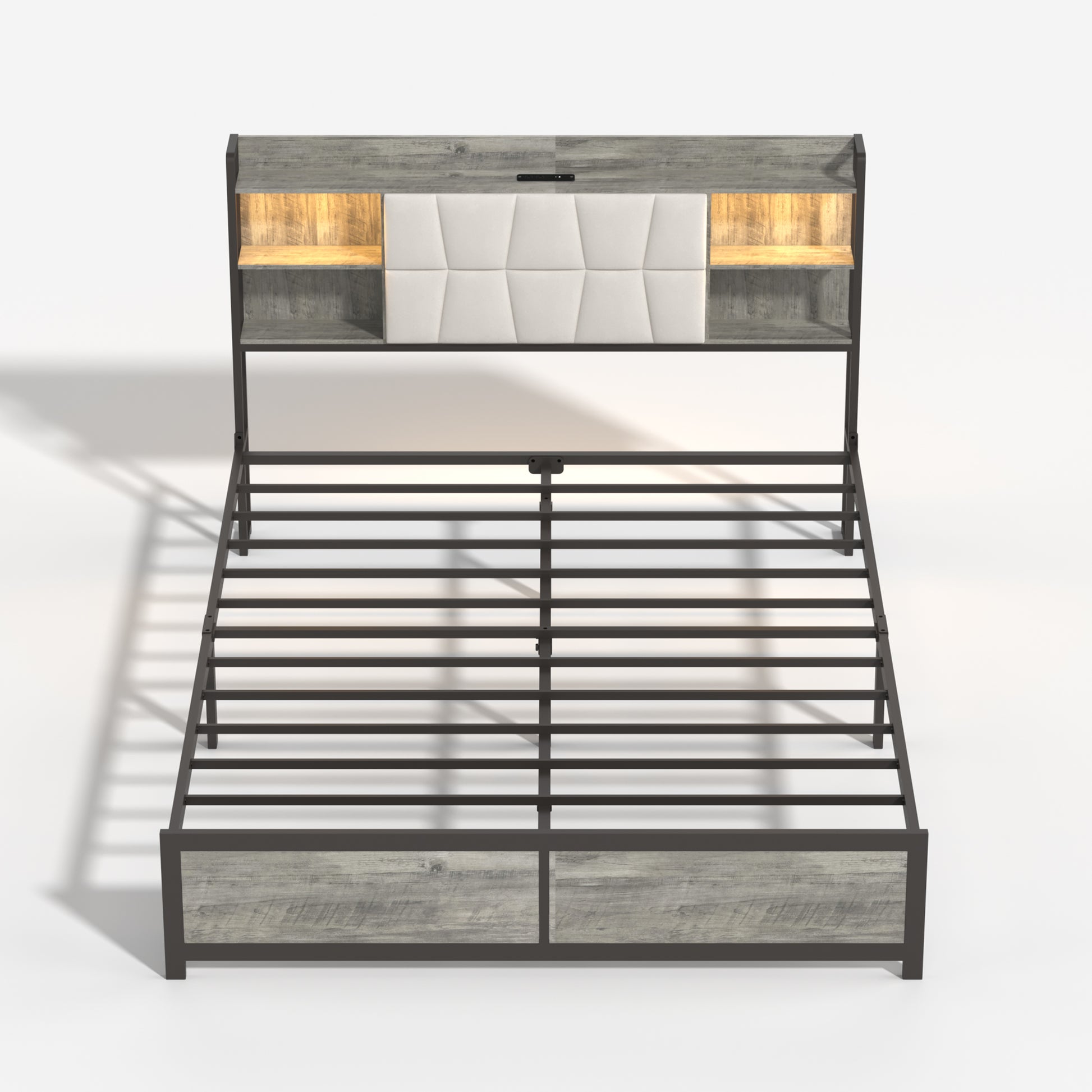 Queen Size Bed Frame With Led Light & Power Outlet, Platform Bed With Upholstered Headboard And Storage, Sturdy Metal Slats Support, No Box Spring Needed, Easy Assembly, Noise Free Box Spring Not Required Queen Ancient Oak Metal Bedroom Modern Bed Frame