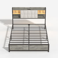 Queen Size Bed Frame With Led Light & Power Outlet, Platform Bed With Upholstered Headboard And Storage, Sturdy Metal Slats Support, No Box Spring Needed, Easy Assembly, Noise Free Box Spring Not Required Queen Ancient Oak Metal Bedroom Modern Bed Frame