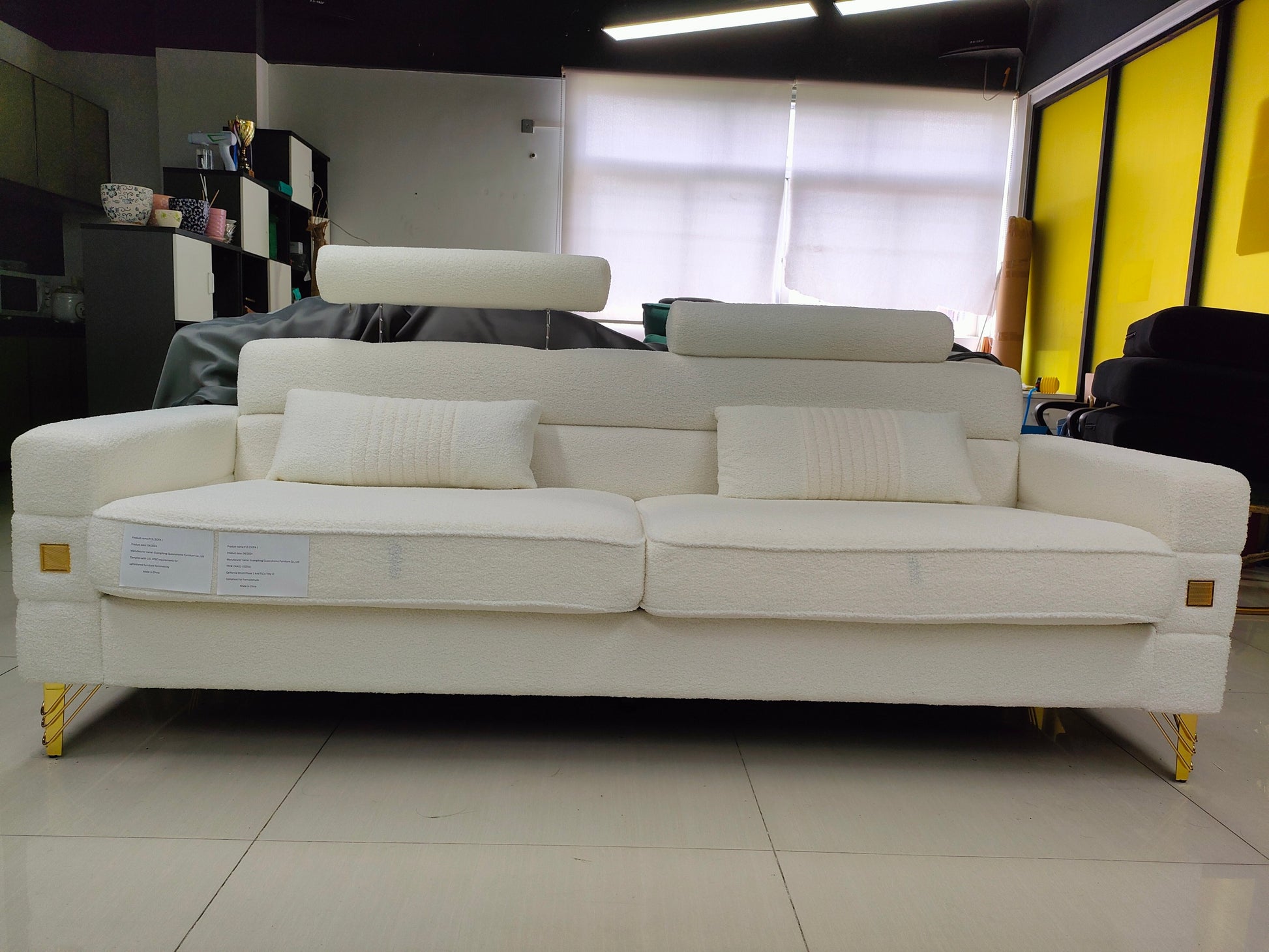 Fx P15 Wb Sofa Elegant White Imitation Wool Circle Fabric Sofa With Adjustable Headrests Contemporary 3 Seat Couch With Gold Legs, Perfect For Living Room And Office Decor Temu Suitable White Velvet 3 Seat