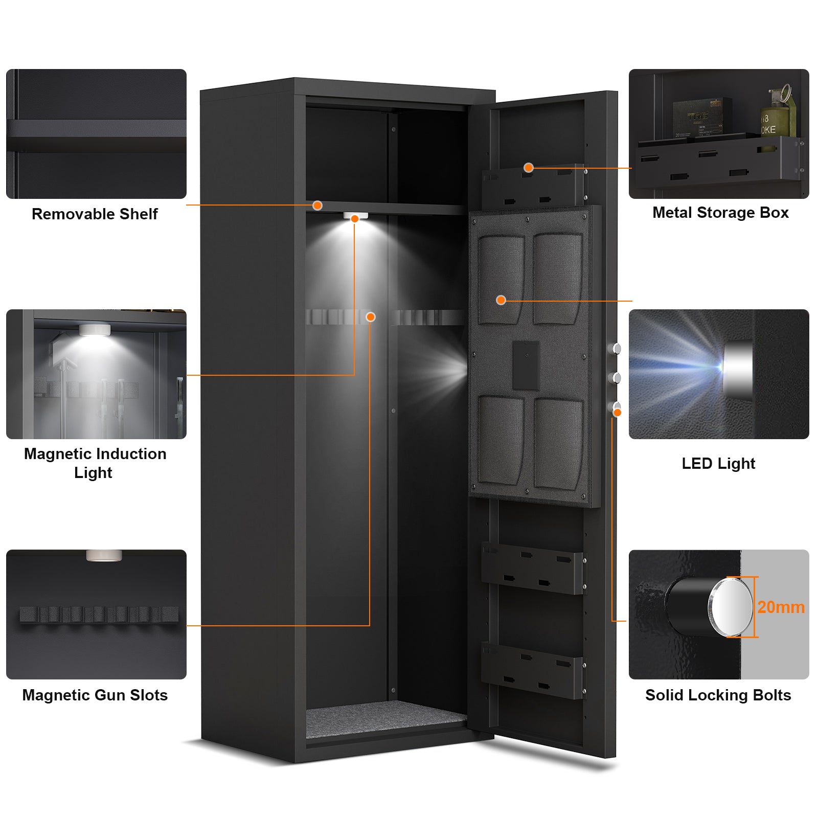 Full Steel Large Capacity Detachable Firearm Safety Cabinet, Electronic Key Password Lock, With Magnetic Induction Light, Dual Alarm System, Adjustable Stock, Silent Design, Storing 5 8 Firearms