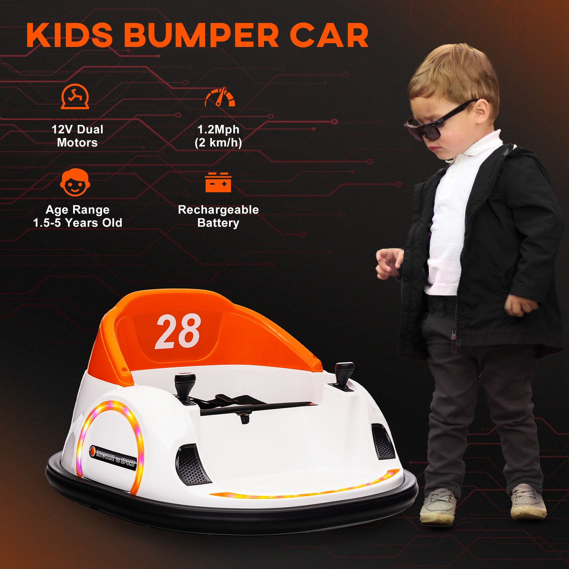 Qaba 12V Toddler Bumper Car Ride On Toy For Kids 1.5 5 Years Old, Baby Bumper Car With Remote Control, Led Lights, 360 Degree, Music, Orange Orange Plastic