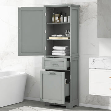 Tall Bathroom Storage Cabinet, Freestanding Storage Cabinet With Two Different Size Drawers And Adjustable Shelf, Mdf Board With Painted Finish, Grey Grey Mdf