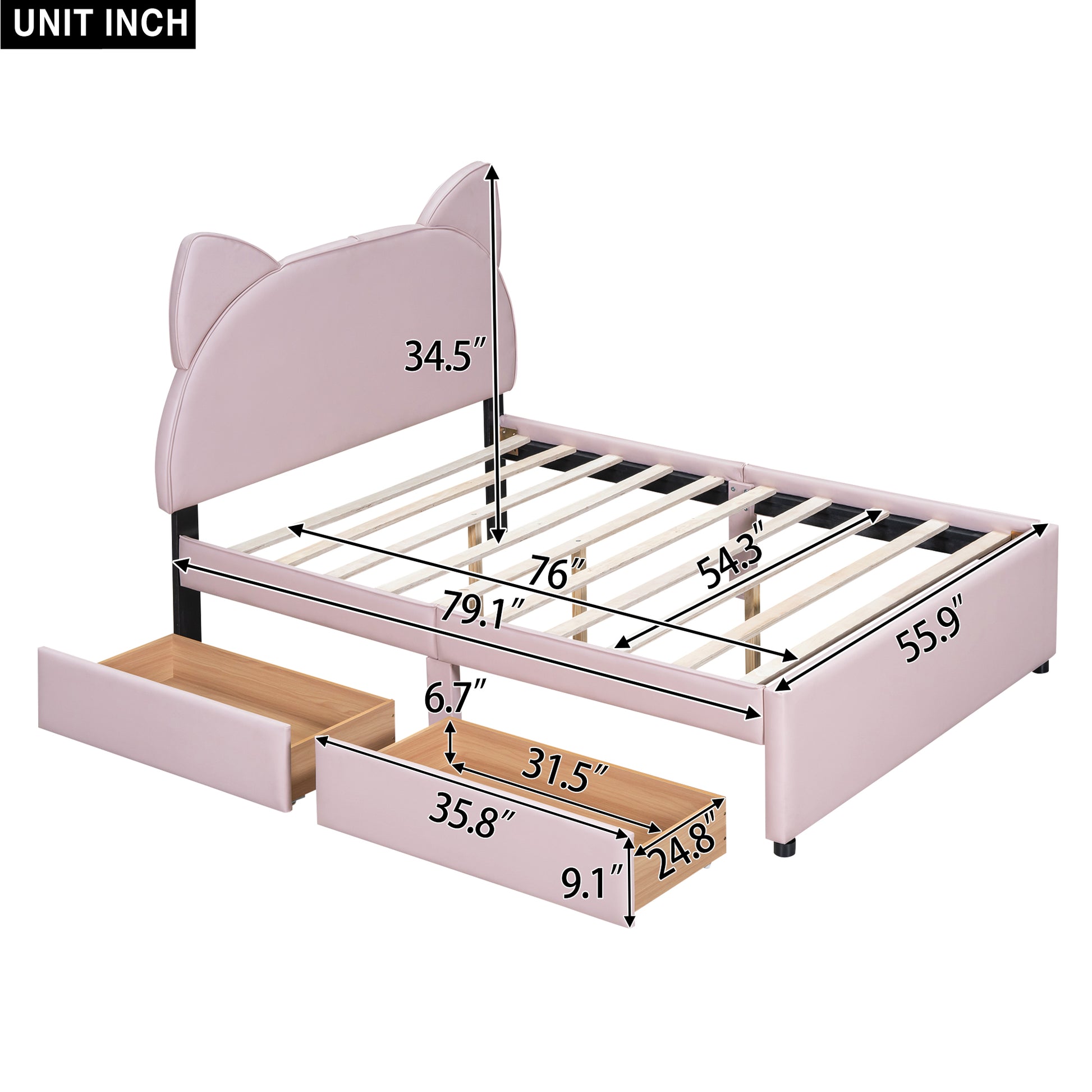 Full Size Upholstered Platform Bed With Cartoon Ears Shaped Headboard And 2 Drawers, Pink Box Spring Not Required Full Pink Wood Bedroom Bed Frame Faux Leather Upholstered