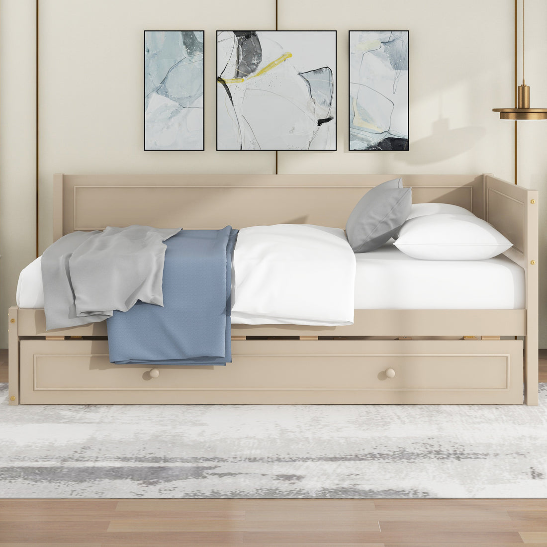 Twin Size Wood Daybed With Trundle And Guardrail, Beige Box Spring Not Required Beige Wood Solid Wood Mdf