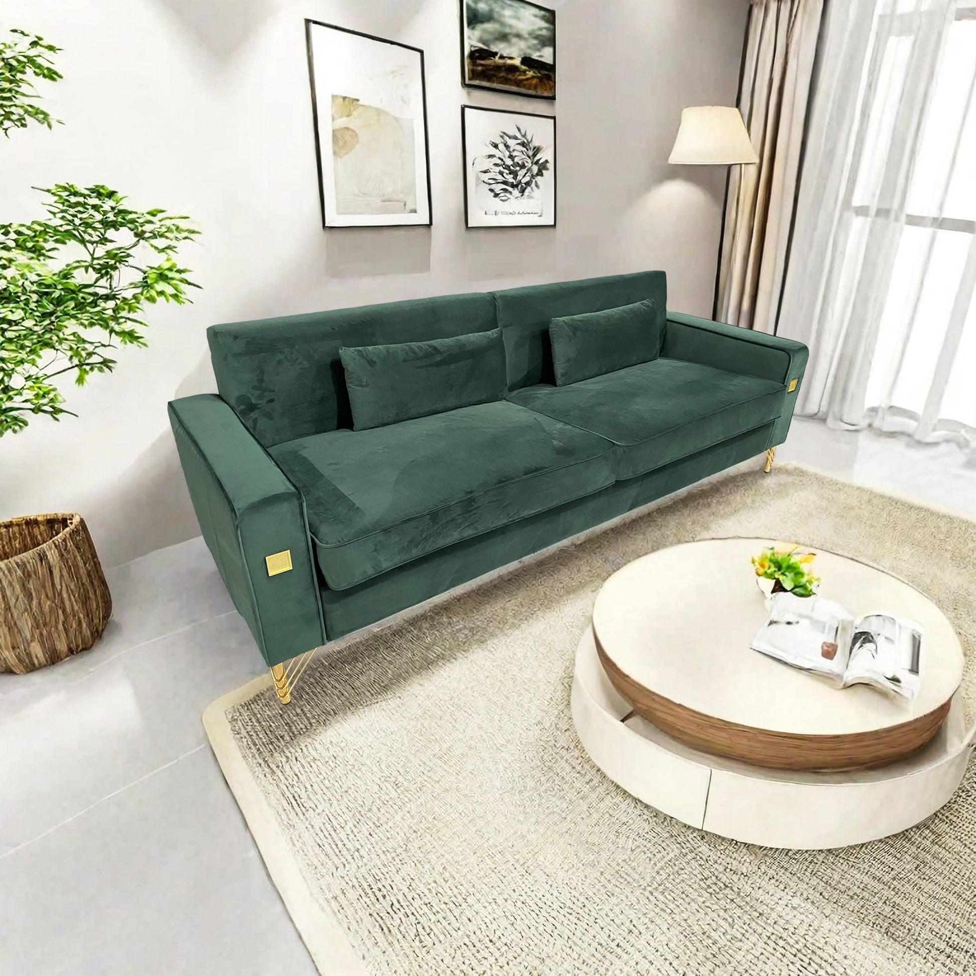 Fx P18 Rg2 Sofa Luxury Emerald Green Velvet Sofa With Gold Accents Modern 3 Seat Couch With Plush Cushions, Perfect For Living Room And Office Decor Retro Green Velvet 2 Seat