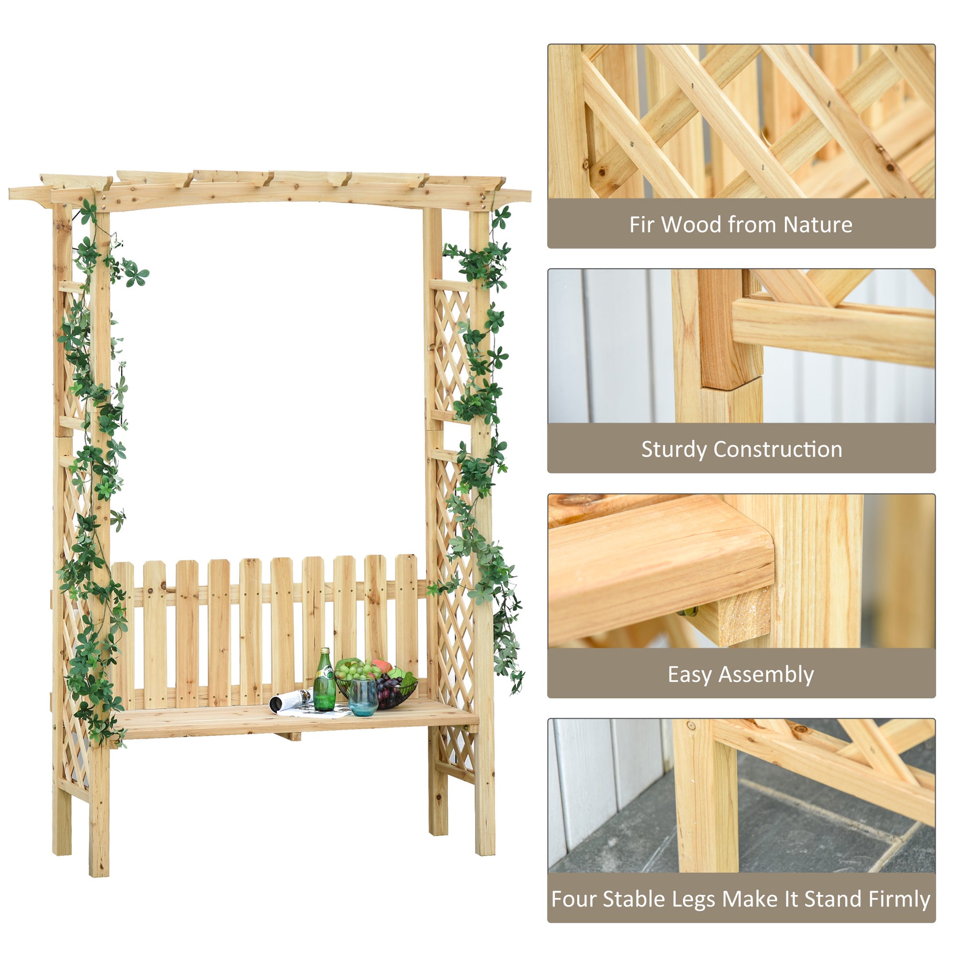 Outsunny Wooden Garden Arbor For Climbing Plants With Garden Bench, Garden Arch To Grow Grapes & Vines, Patio Decor & 2 Person Outdoor Wood Decorative Seating, Natural Natural Wood