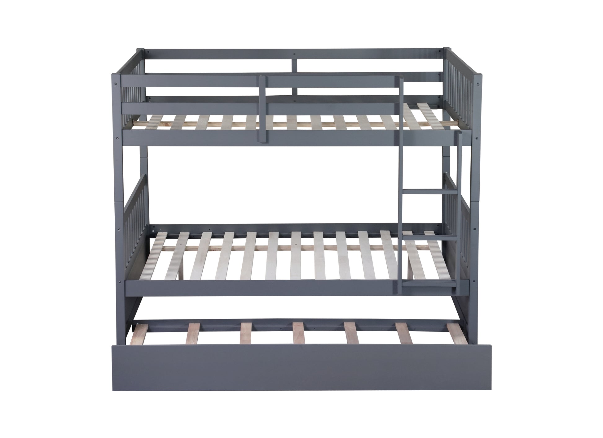 Full Over Full Rubber Wood Bunk Bed With Trundle, Ladder And Guardrails, Convertible To 2 Full Size Beds, With Twin Size Trundle ,Dark Grey Full Dark Grey Bedroom American Design Bed Frame Rubber