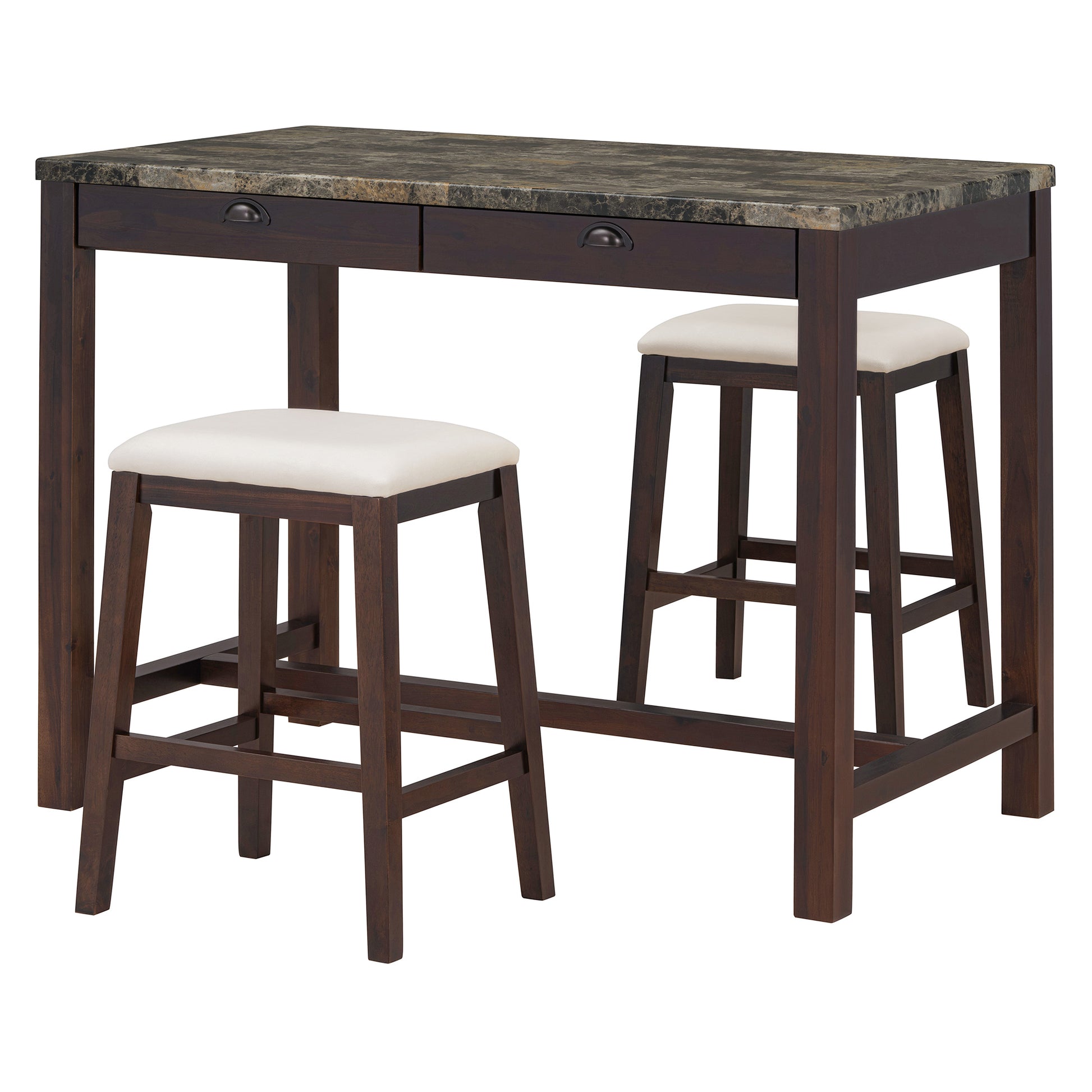 5 Piece Modern Faux Marble Versatile Bar Table Set With Storage Drawers And Padded Stools, Ideal For Space Saving Dining Nooks Or Small Kitchens Walnut Walnut Solid Wood Mdf