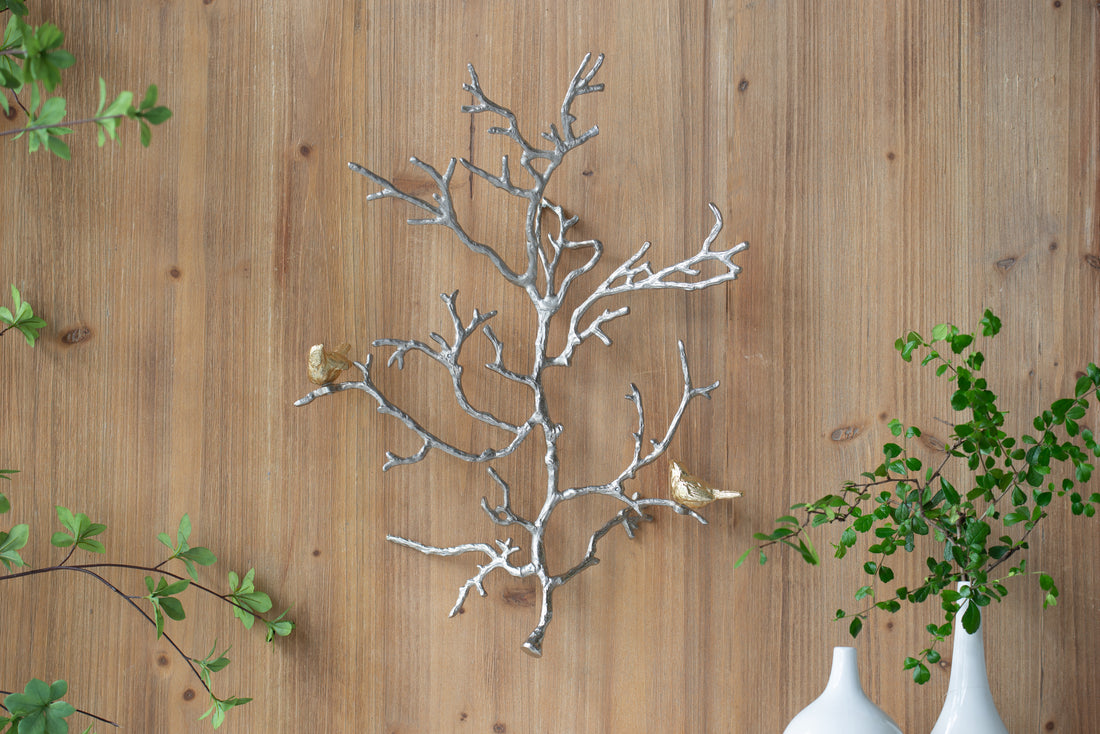 17X5.5X22" Metal Branch Wall Sculptures With Bird Accents, Set Of 2 Silver Multi Aluminium