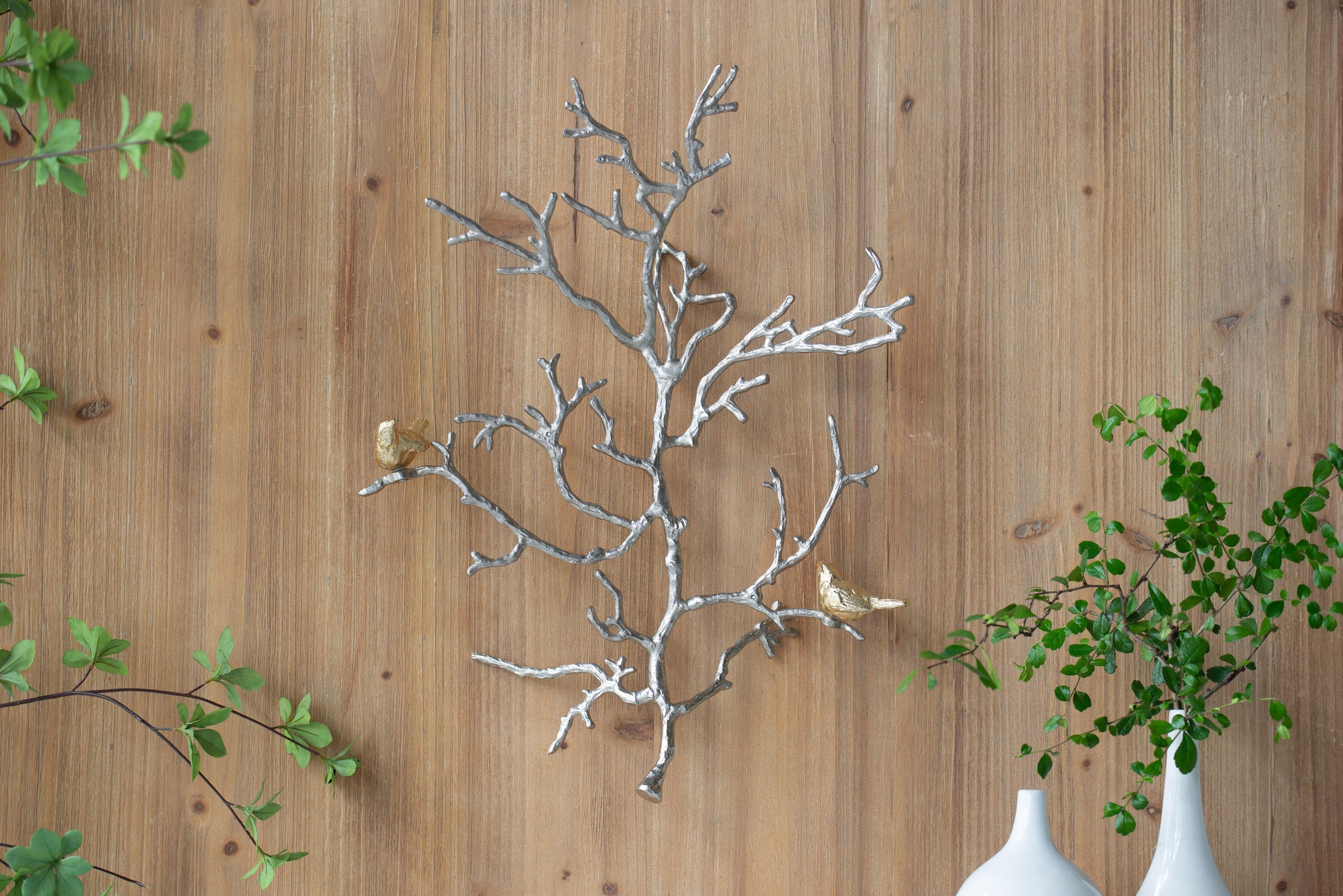 17X5.5X22" Metal Branch Wall Sculptures With Bird Accents, Set Of 2 Silver Multi Aluminium