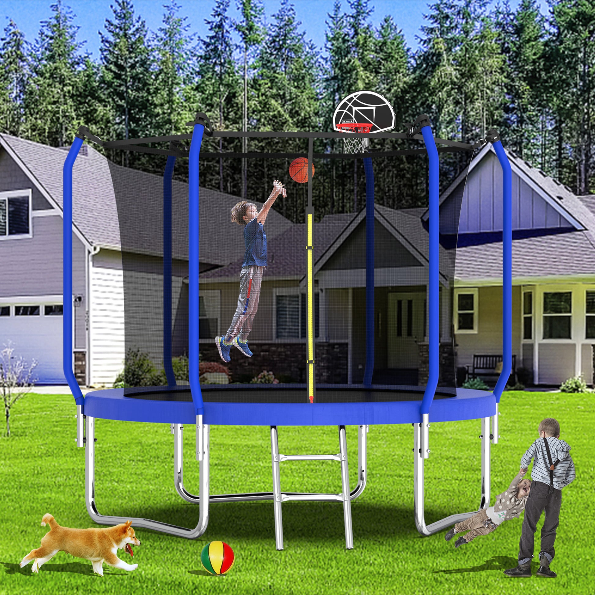 10Ft Trampoline With Basketball Hoop, Astm Approved Reinforced Type Outdoor Trampoline With Enclosure Net Blue Steel