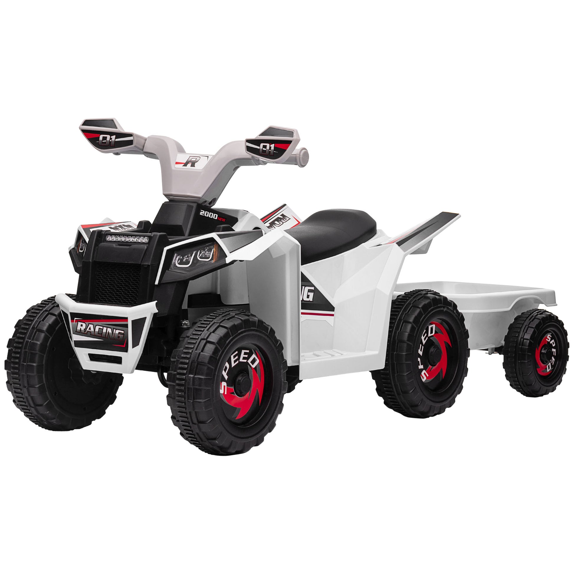 Aosom Kids Atv Quad Car With Back Trailer, 6V Electric Ride On Car With Forward Backward Function, Wear Resistant Wheels For Toddlers Ages 18 36 Months, White White Plastic