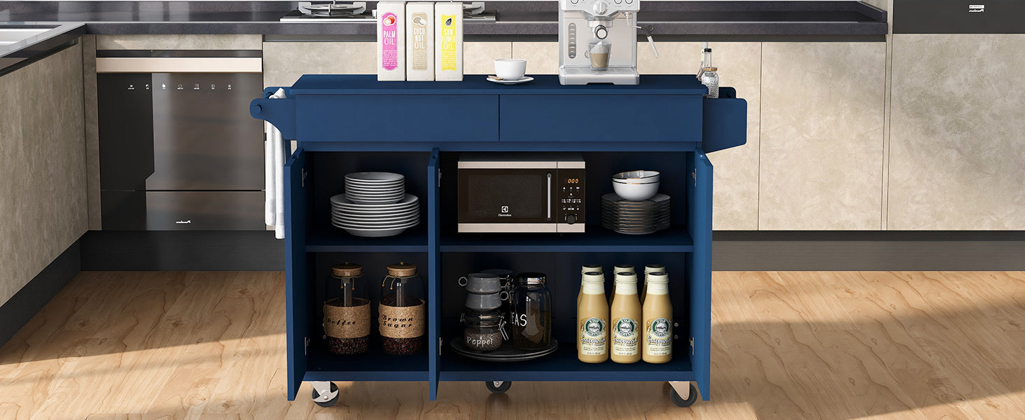 K&K 53.2'' Kitchen Island With Drop Leaf, Kitchen Storage Cart With Spice Rack, Towel Rack And 2 Drawers, Rolling Kitchen Island On Wheels With Adjustable Shelves For Kitchen, Dining Room, Navy Blue Navy Blue Brown Kitchen