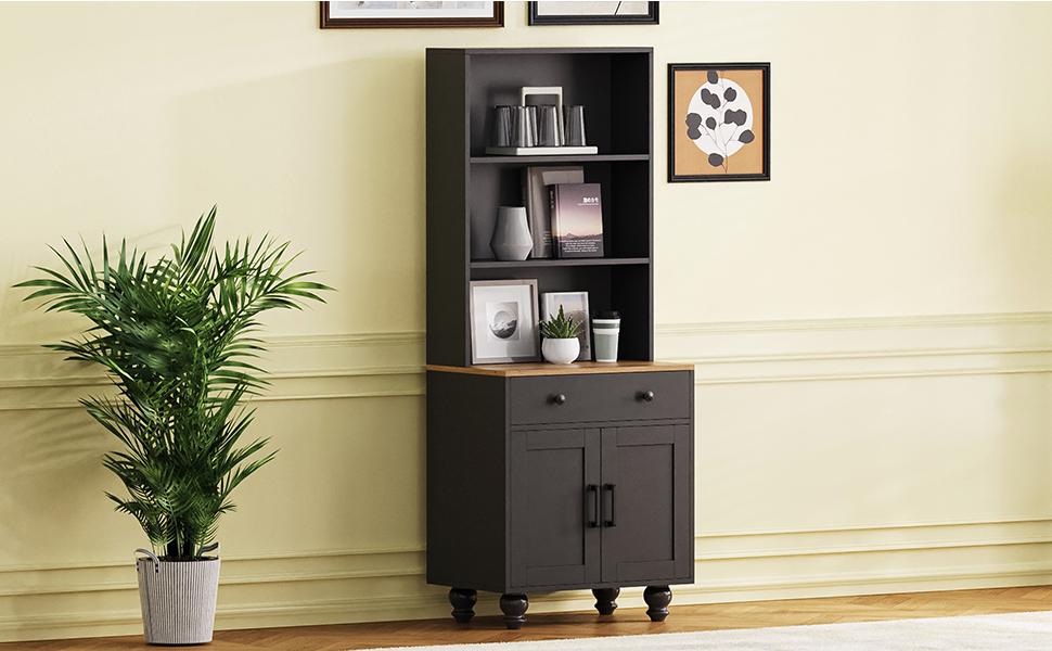 Farmhouse Storage Cabinet With 4 Solid Wood Gourd Shaped Legs, Modern Kitchen Pantry Cabinet With Adjustable Shelves, 5 Tier Bookshelf With Drawer For Living Room, Black Black Dark Walnut Primary