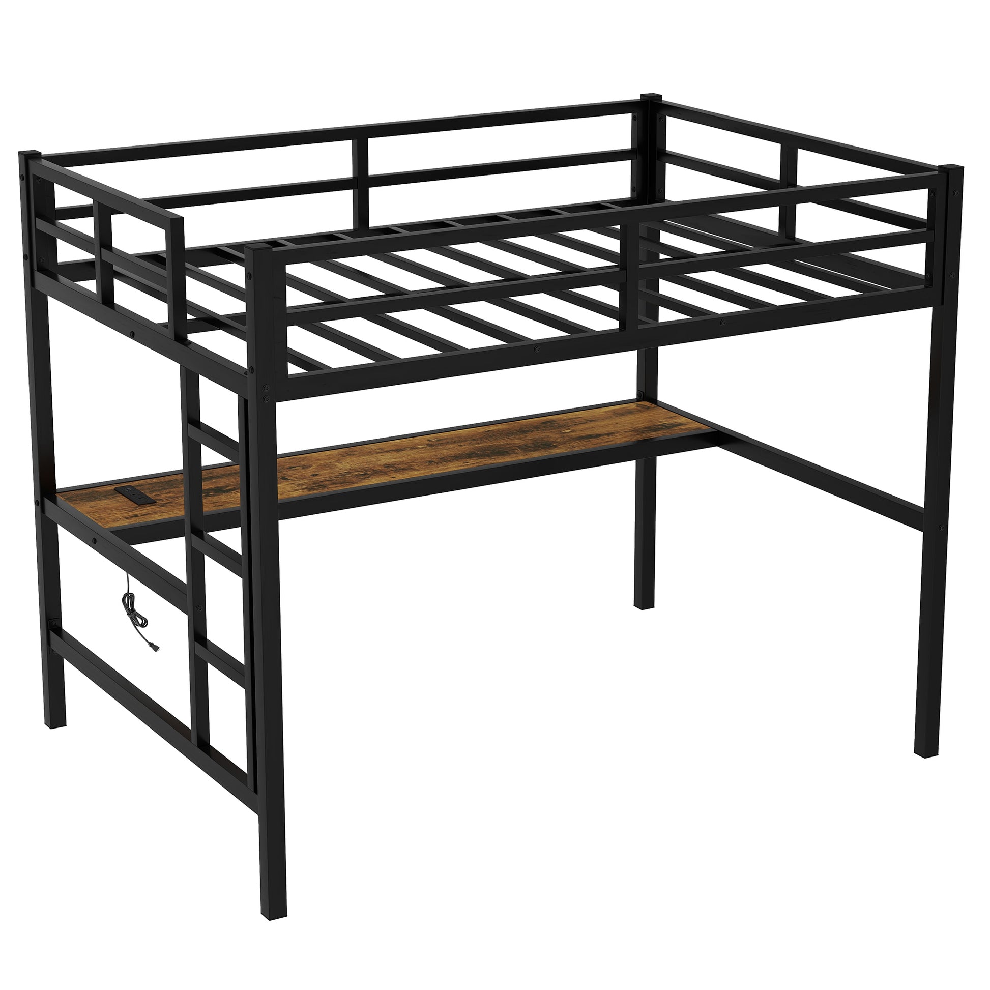 Metal Full Size Loft Bed With Power Outlet And Led Lighted, Space Saving, Noise Reduced, Black Full Black Metal