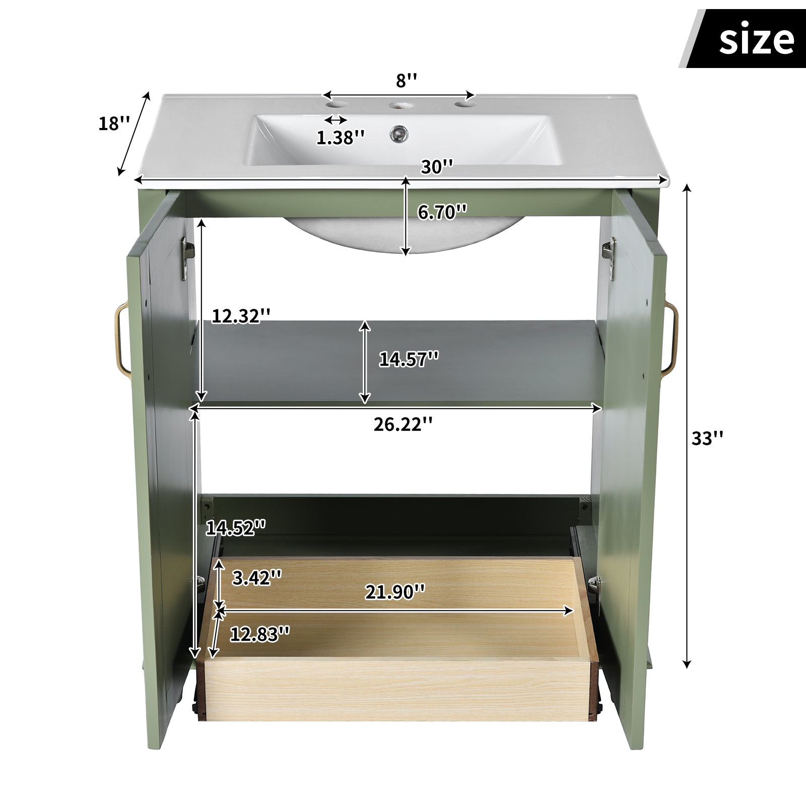 30 Inch Bathroom Vanity With Resin Sink, Freestanding Bathroom Vanity Set With Hidden Drawer, Storage Cabinet For Bathroom, Solid Wood Frame Bathroom Cabinet Green Bathroom Modern Solid Wood Mdf Resin