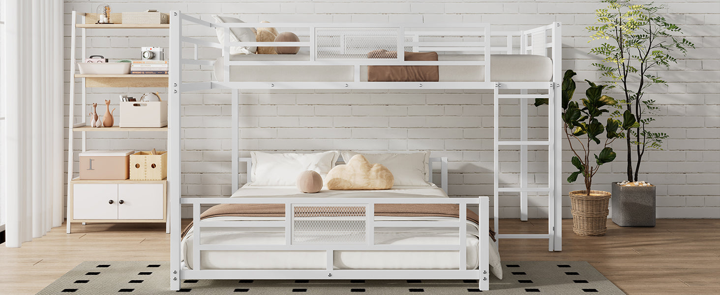 L Shaped Metal Twin Over Full Size Bunk Bed, White Box Spring Not Required White Metal Metal