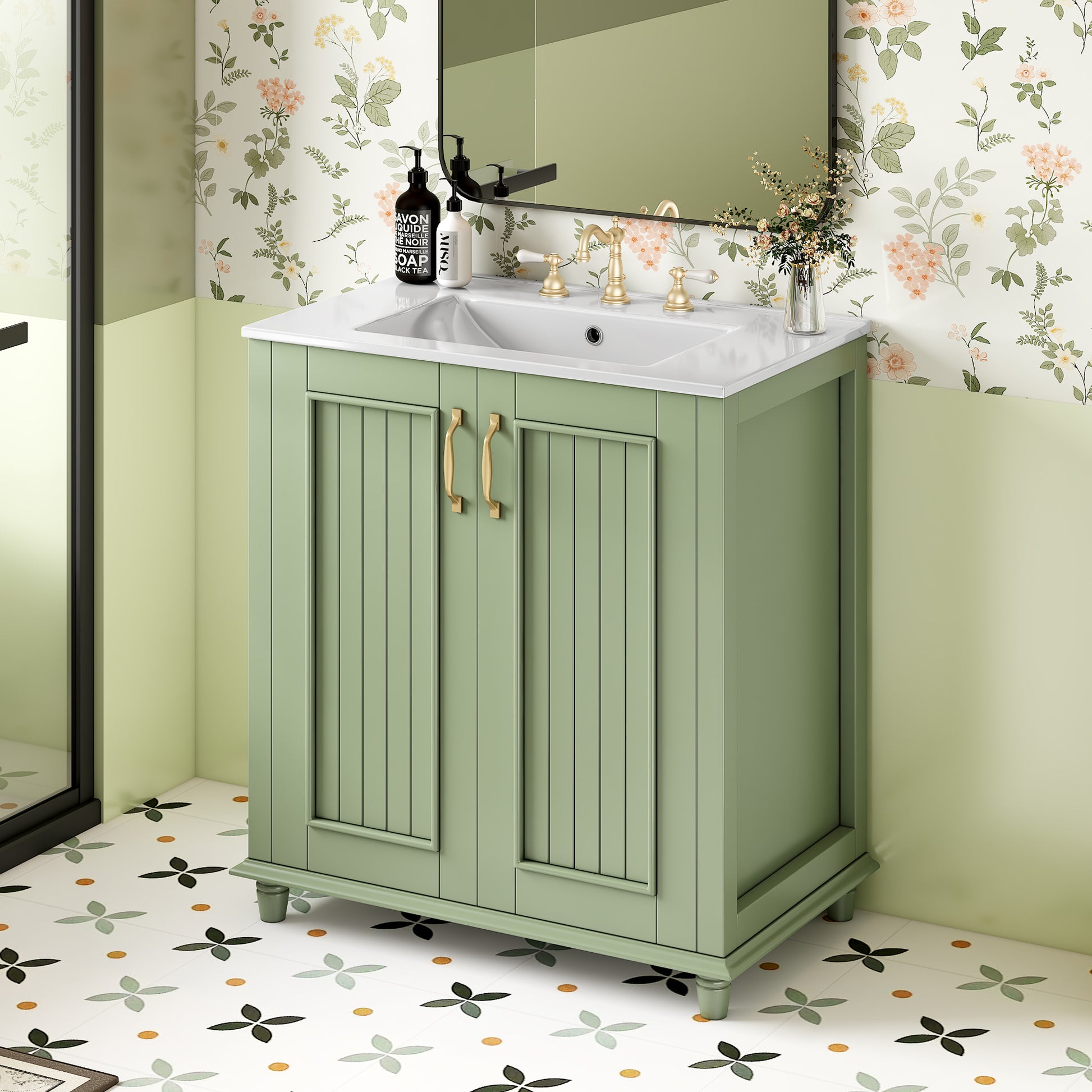 30 Inch Bathroom Vanity With Resin Sink, Freestanding Bathroom Vanity Set With Hidden Drawer, Storage Cabinet For Bathroom, Solid Wood Frame Bathroom Cabinet Green Bathroom Modern Solid Wood Mdf Resin