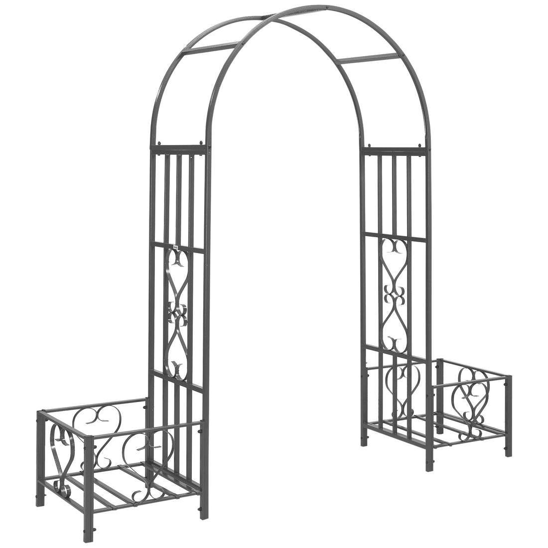 Outsunny 6.7' Steel Garden Arch Arbor With Scrollwork Hearts, Planter Boxes For Climbing Vines, Ceremony, Weddings, Party, Backyard, Lawn, Dark Gray Gray Steel