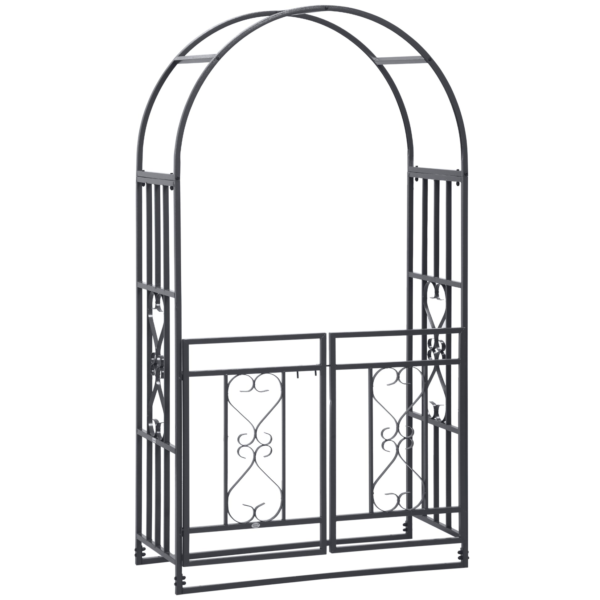 Outsunny 81" Metal Garden Arbor With Double Doors, Locking Gate, Climbing Vine Frame With Heart Motifs, Arch For Wedding, Bridal Party Decoration, Grey Black Steel