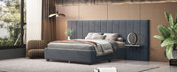 Queen Size Upholstered Platform Bed With Big Headboard, Bedroom Furniture, Velvet, Gray Queen Gray Plywood