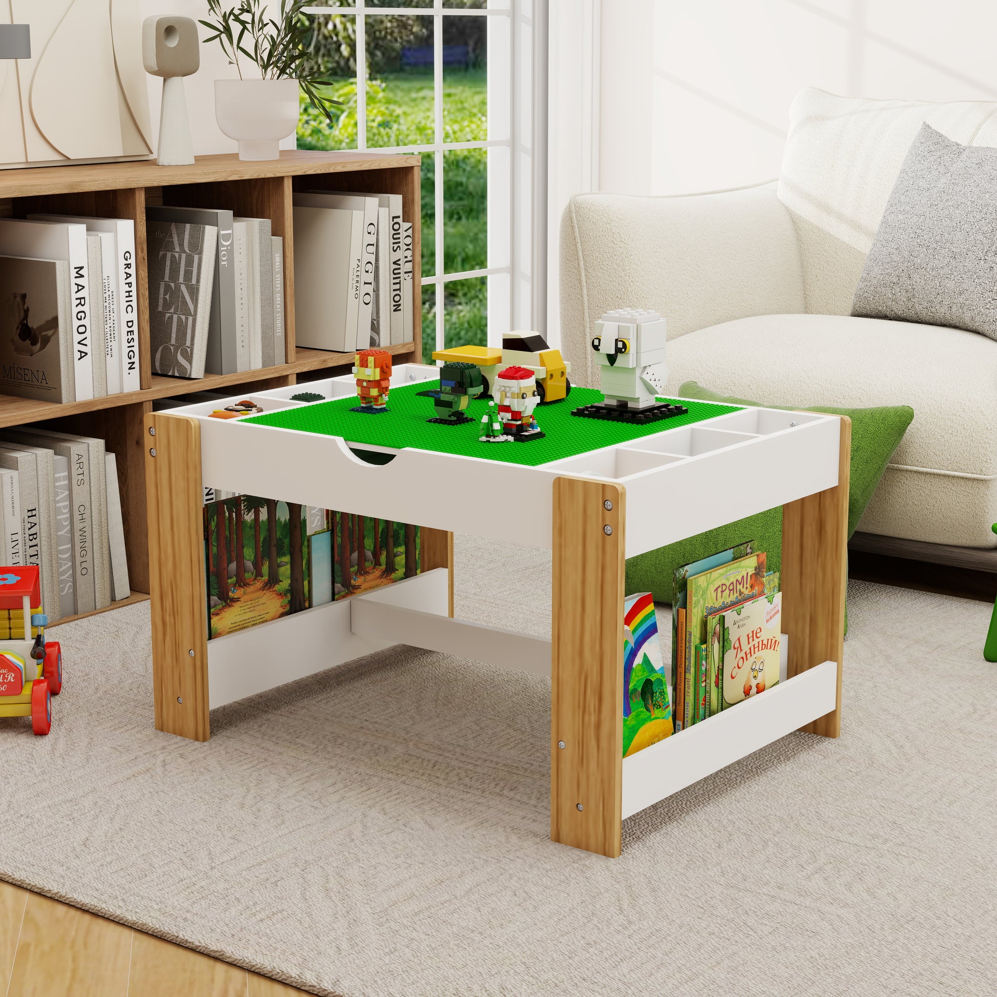 Kids 2 In 1 Play Table With 7 Storage Compartments,Compatible With Lego Building Block,Modern Activity Learning Table Game Furniture White White Green Mdf