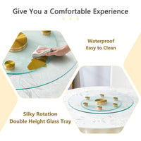 Double Layer Rotatable Round Glass.Golden Aluminum Plate,The Rotatable Design Makes It Convenient To Retrieve And Place Items.The Upper Glass Has A Diameter Of 24 Inches, The Lower Glass15 Inches.