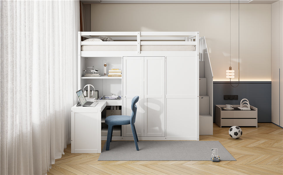 Full Size Bunk Bed With Wardrobe,Desk And Shelves,White White Mdf Lvl