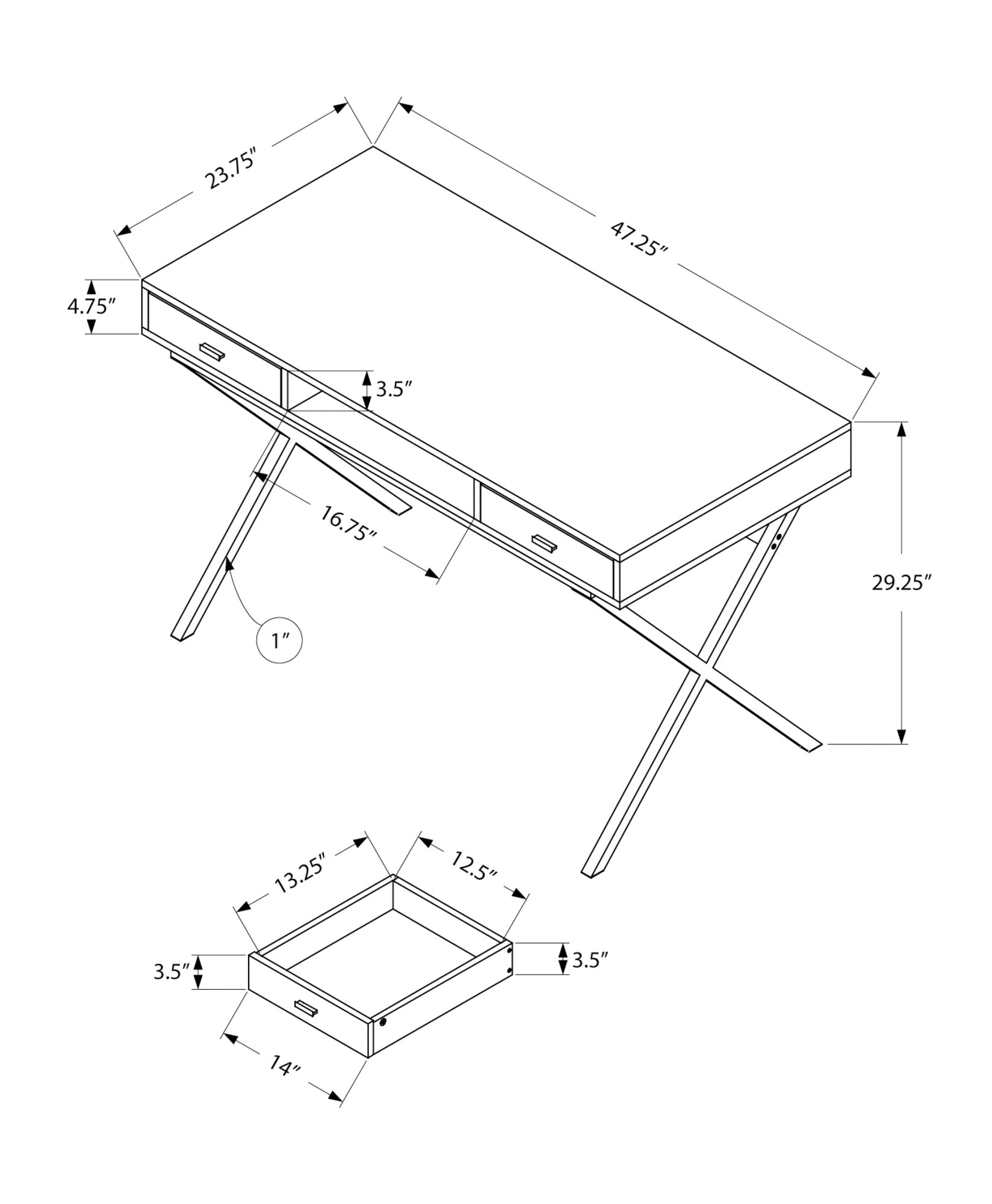 Computer Desk, Home Office, Laptop, Storage Drawers, 48"L, Work, Glossy White Laminate, Chrome Metal, Contemporary, Modern White Particle Board