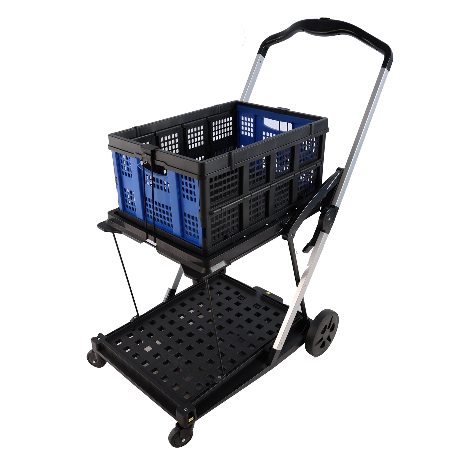 Folding Service Cart With Wheels Double Decker, Shopping, Library, Office Warehouse Moving Carts Black Blue Plastic
