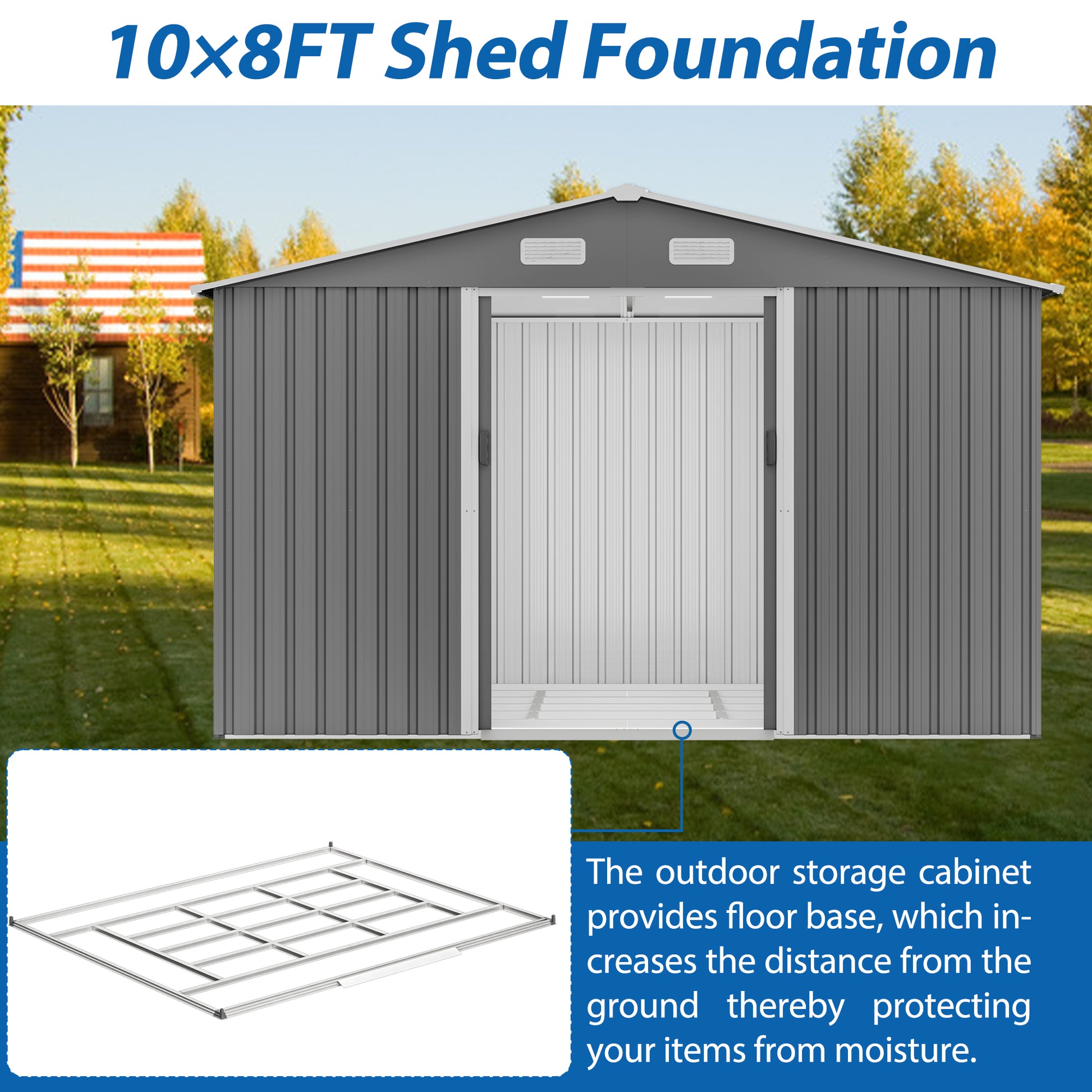 10X8 Ft Outdoor Tool Storage Shed With Metal Foundation & Lockable Doors, All Weather Metal Sheds For Garden, Patio, Backyard, Lawn, Gray Gray Metal