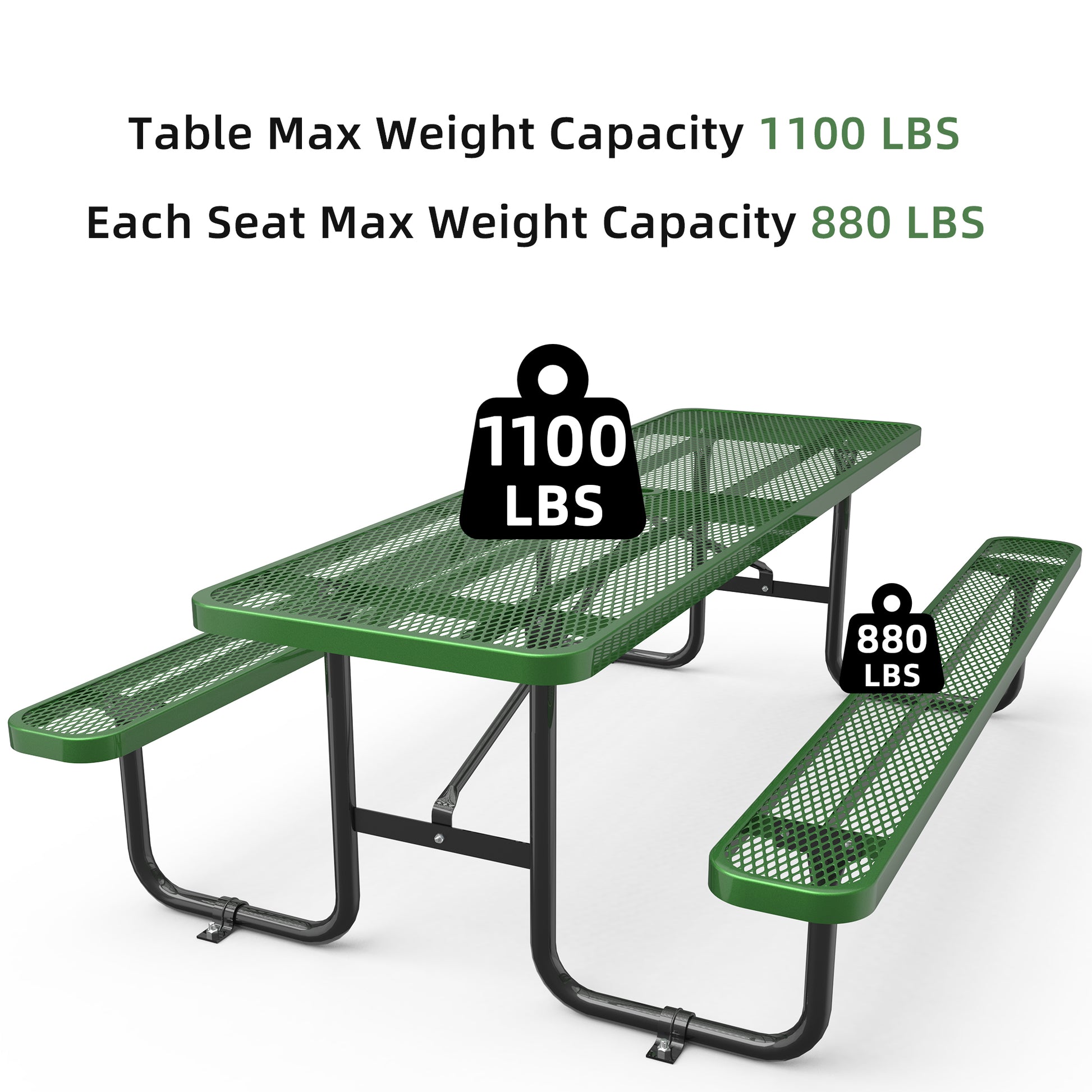 96" Expanded Metal Rectangular Picnic Table Set, Green No Complete Patio Set Green Seats 6 Rust Resistant Frame Garden & Outdoor Complete Patio Sets Steel Steel